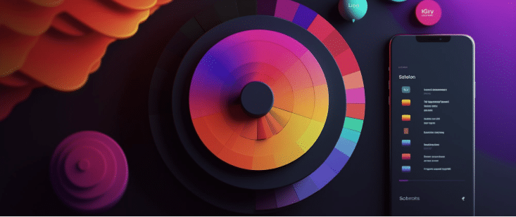 A color palette on a circle next to a mobile app with different types of gradients.